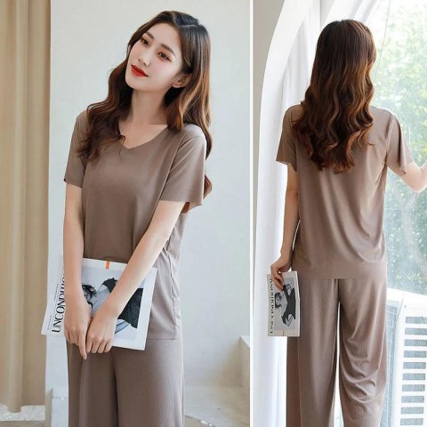 ? Buy 2 Free Shipping ?Soft Comfortable Ice Silk Short Sleeve T-Shirt Two Piece Set Loose Wide-leg Pants