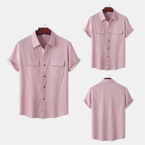 Men's solid colour casual cotton linen short sleeve shirt