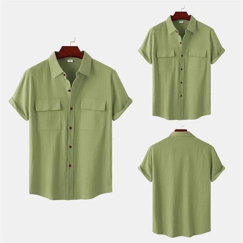 Men's solid colour casual cotton linen short sleeve shirt