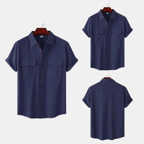 Men's solid colour casual cotton linen short sleeve shirt