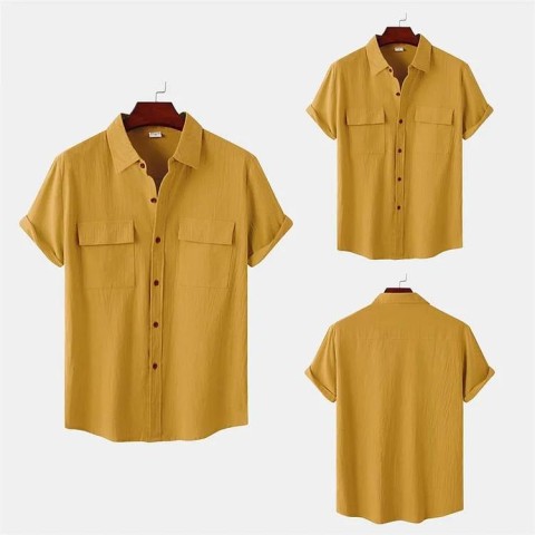 Men's solid colour casual cotton linen short sleeve shirt