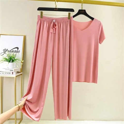 ? Buy 2 Free Shipping ?Soft Comfortable Ice Silk Short Sleeve T-Shirt Two Piece Set Loose Wide-leg Pants