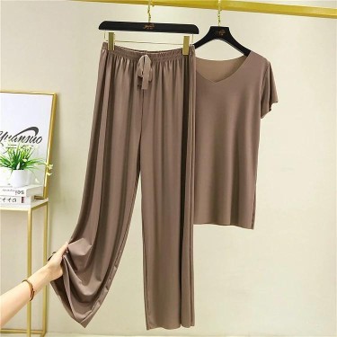 ? Buy 2 Free Shipping ?Soft Comfortable Ice Silk Short Sleeve T-Shirt Two Piece Set Loose Wide-leg Pants