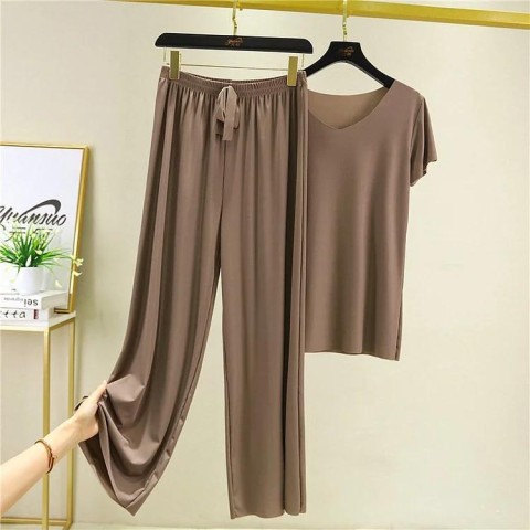 ? Buy 2 Free Shipping ?Soft Comfortable Ice Silk Short Sleeve T-Shirt Two Piece Set Loose Wide-leg Pants