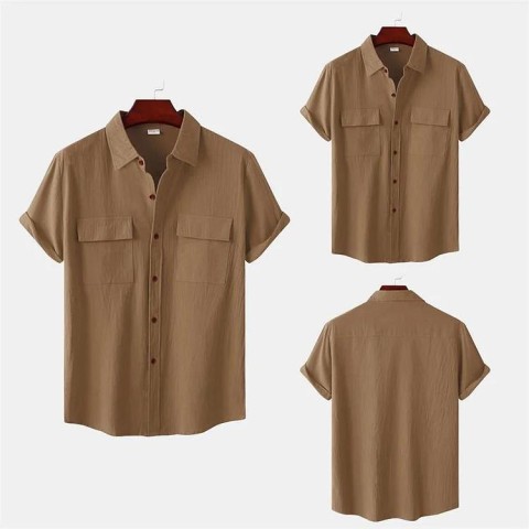 Men's solid colour casual cotton linen short sleeve shirt