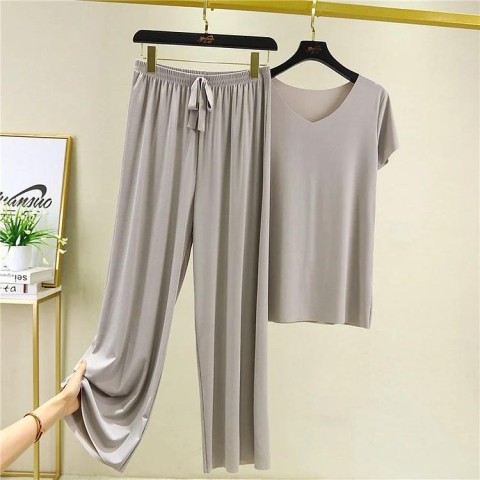 ? Buy 2 Free Shipping ?Soft Comfortable Ice Silk Short Sleeve T-Shirt Two Piece Set Loose Wide-leg Pants