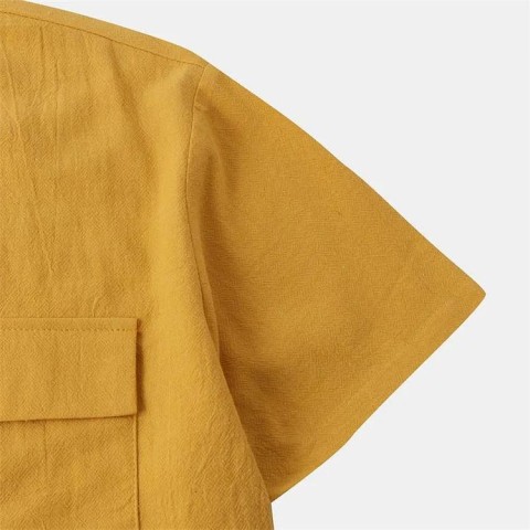 Men's solid colour casual cotton linen short sleeve shirt