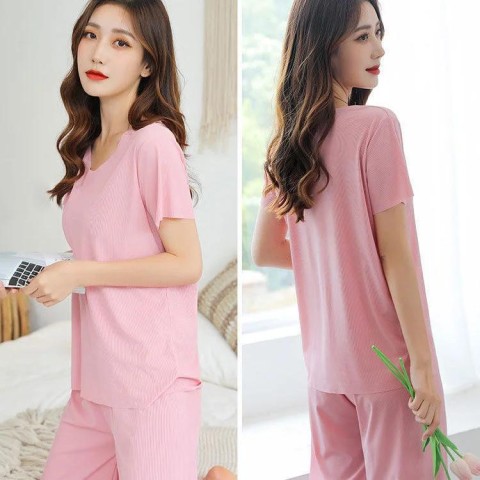 ? Buy 2 Free Shipping ?Soft Comfortable Ice Silk Short Sleeve T-Shirt Two Piece Set Loose Wide-leg Pants