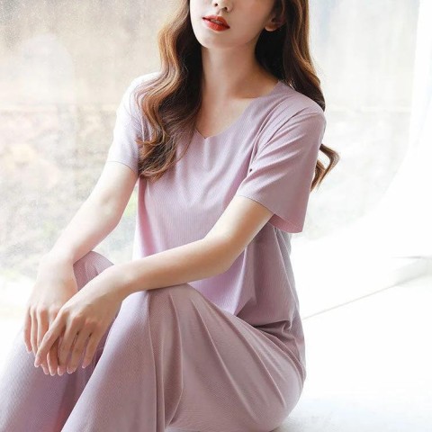 ? Buy 2 Free Shipping ?Soft Comfortable Ice Silk Short Sleeve T-Shirt Two Piece Set Loose Wide-leg Pants