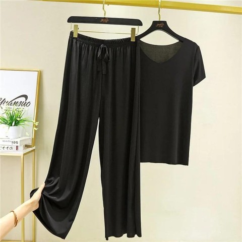 ? Buy 2 Free Shipping ?Soft Comfortable Ice Silk Short Sleeve T-Shirt Two Piece Set Loose Wide-leg Pants