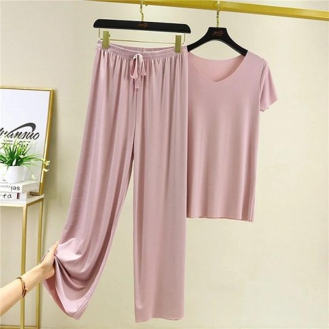 ? Buy 2 Free Shipping ?Soft Comfortable Ice Silk Short Sleeve T-Shirt Two Piece Set Loose Wide-leg Pants